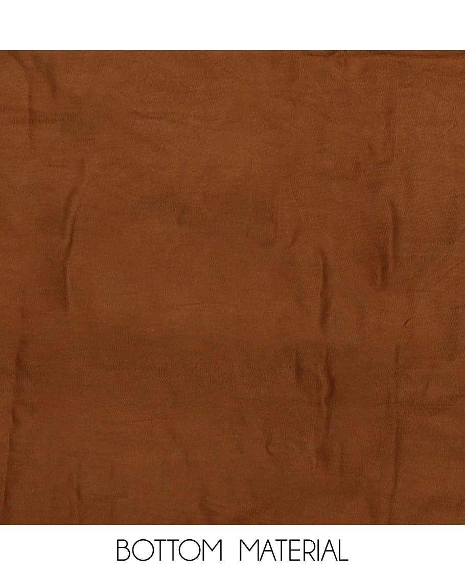 Brown material chudidar set, floral print with neck embroidered top, plain bottom, and a contrast floral printed dupatta