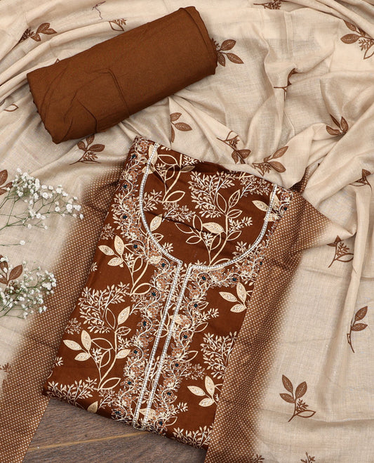 Brown material chudidar set, floral print with neck embroidered top, plain bottom, and a contrast floral printed dupatta