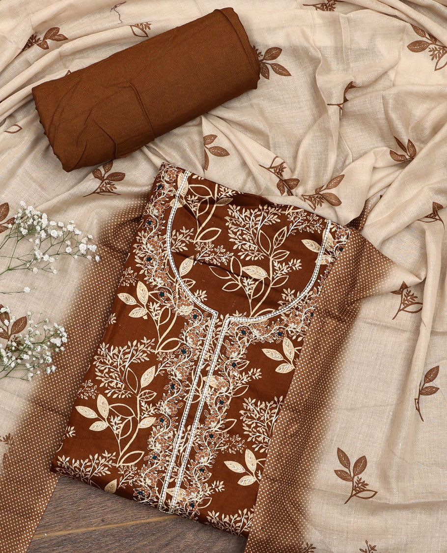 Brown material chudidar set, floral print with neck embroidered top, plain bottom, and a contrast floral printed dupatta