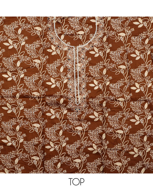 Brown material chudidar set, floral print with neck embroidered top, plain bottom, and a contrast floral printed dupatta