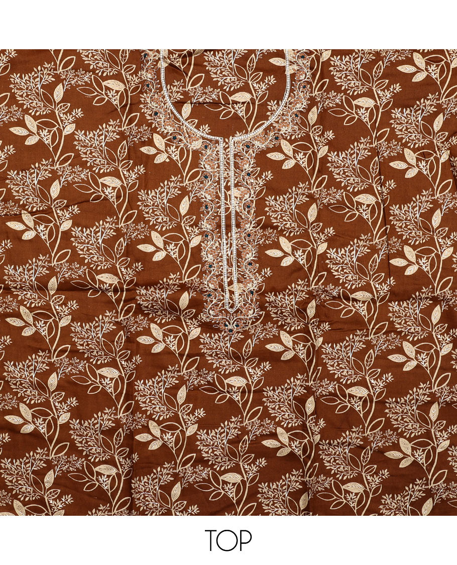 Brown material chudidar set, floral print with neck embroidered top, plain bottom, and a contrast floral printed dupatta