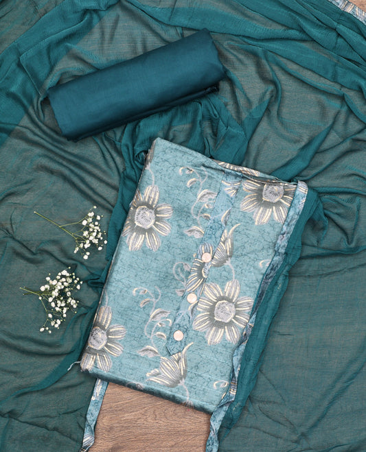 Blue Material Chudidar Set, Beautified with Floral Abstract Print and Neck Embroidery on Cotton Top, a Contrast Plain Cotton Bottom, and Paired with a Plain Dupatta