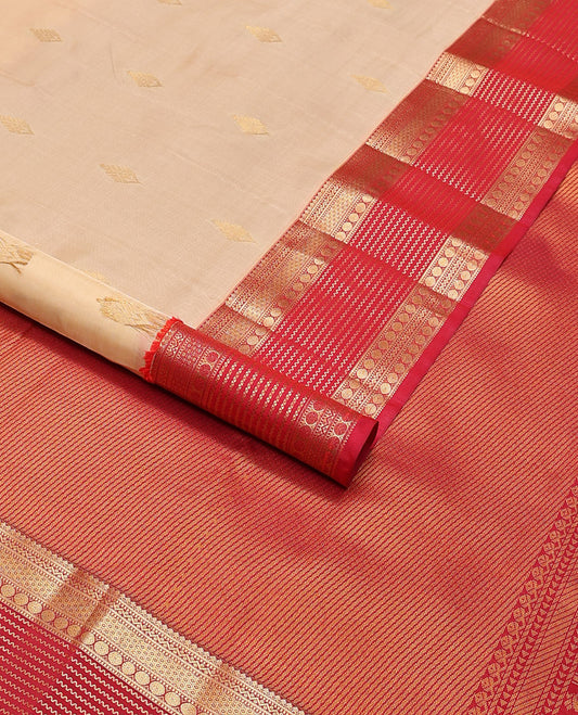 Cream leaf buttas vasundhara elite silk saree with contrast traditional zari design border & geometric design pallu