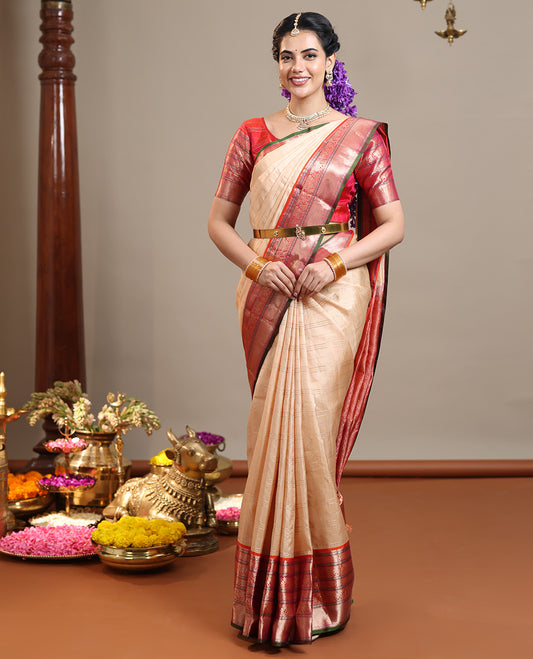 Sandal zari checked Vasundhara silk saree, contrast border of thilakam mokku, chakram, kodi yaanai, kuthirai, and mayil kann, intricate pallu, and zari design blouse