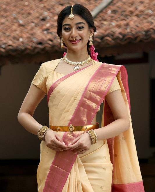 Cream Zari buttas Vasundhara elite silk saree, contrast border of mayil kann designs, intricate pallu, and Contrast plain blouse