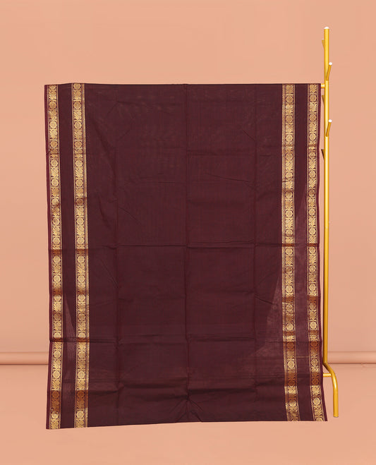 Maroon Plain Chettinad Cotton Saree, Highlighted by Rettai Pettu Peacock-Chakram Border, Striped Pallu, and a Matching Blouse