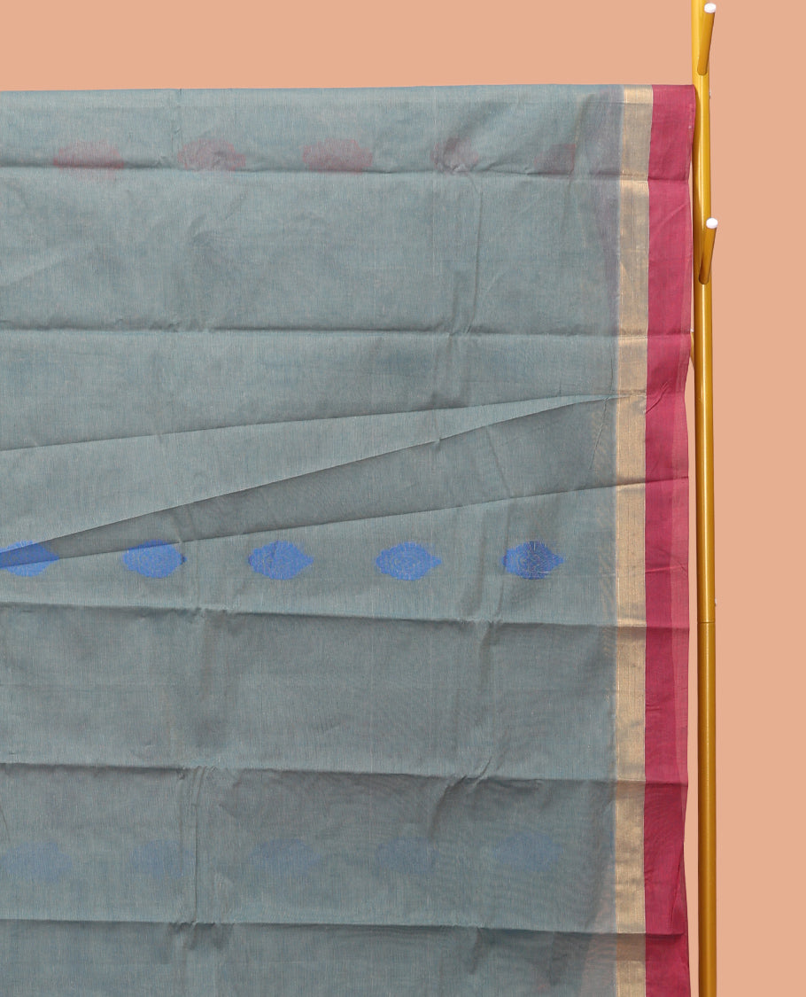 Grey Kanchi Cotton Saree, Decorated with Thread Buttas, Contrast Border, Pallu of Thread Weave, and a Matching Blouse