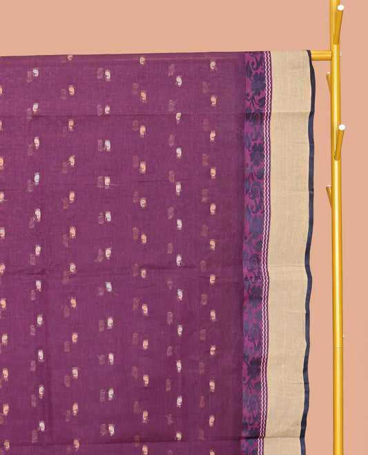 Purple Bengal Cotton Saree, Adorned with Buttas, a Contrast Floral-Paisley Border, Pallu of Stripes and Buttas, and a Matching Blouse
