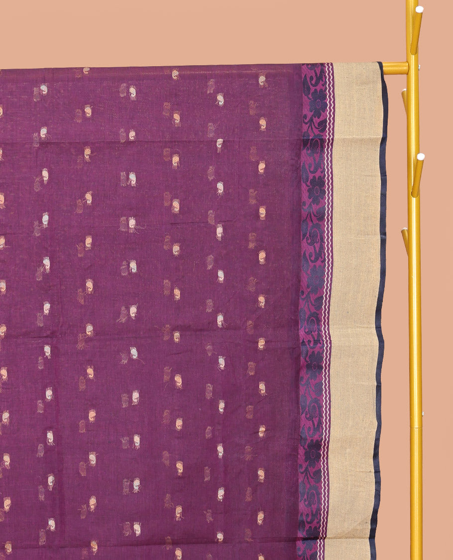 Purple Bengal Cotton Saree, Adorned with Buttas, a Contrast Floral-Paisley Border, Pallu of Stripes and Buttas, and a Matching Blouse