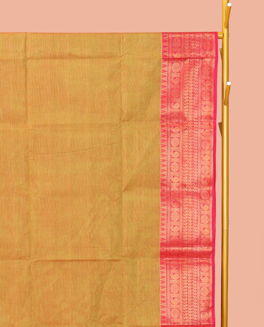 Mustard Plain Chettinad Cotton Saree, Complemented by a Contrast Traditional Zari Design Woven Border, Striped Pallu, and Paired with a Matching Blouse