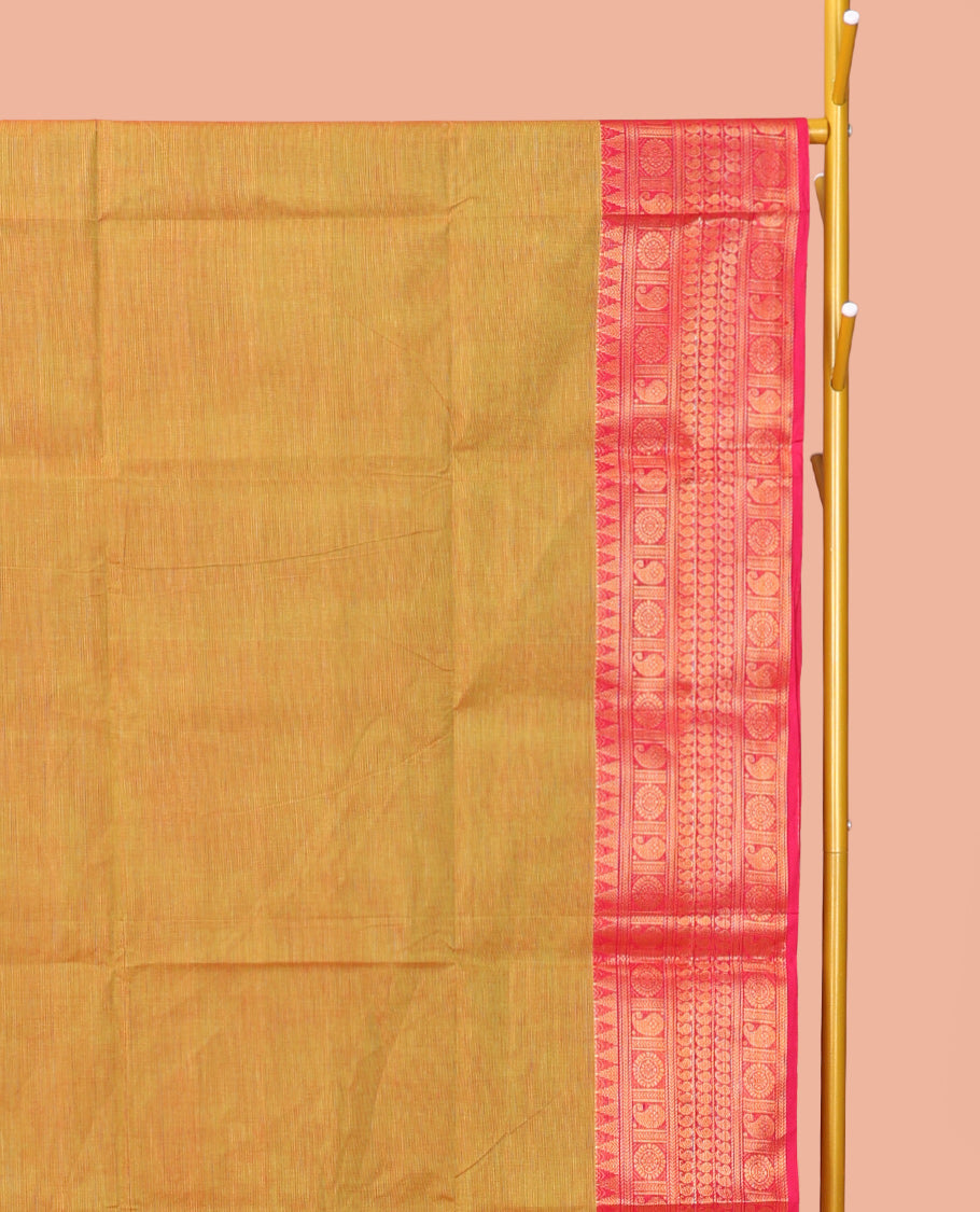 Mustard Plain Chettinad Cotton Saree, Complemented by a Contrast Traditional Zari Design Woven Border, Striped Pallu, and Paired with a Matching Blouse