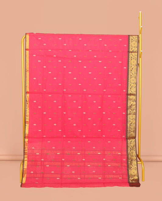 Pink Venkatagiri Cotton Saree, Bedecked with Buttas, a Contrast Floral Design Zari Border, Pallu of Buttas and Stripes, and No Blouse