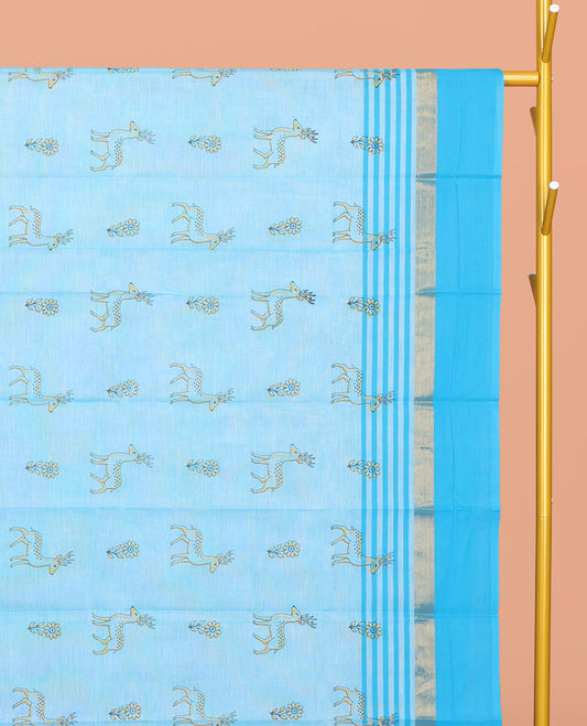 Blue Chirala Cotton Saree, Embellished with Floral and Deer Motifs, a Contrast Deer Motifs Border, Striped Pallu, and a Matching Blouse