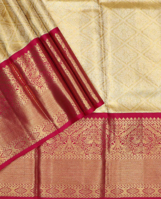 Cream pure silk half saree, jacquard skirt, contrast traditional zari design border, jacquard blouse, and jaal dhavani