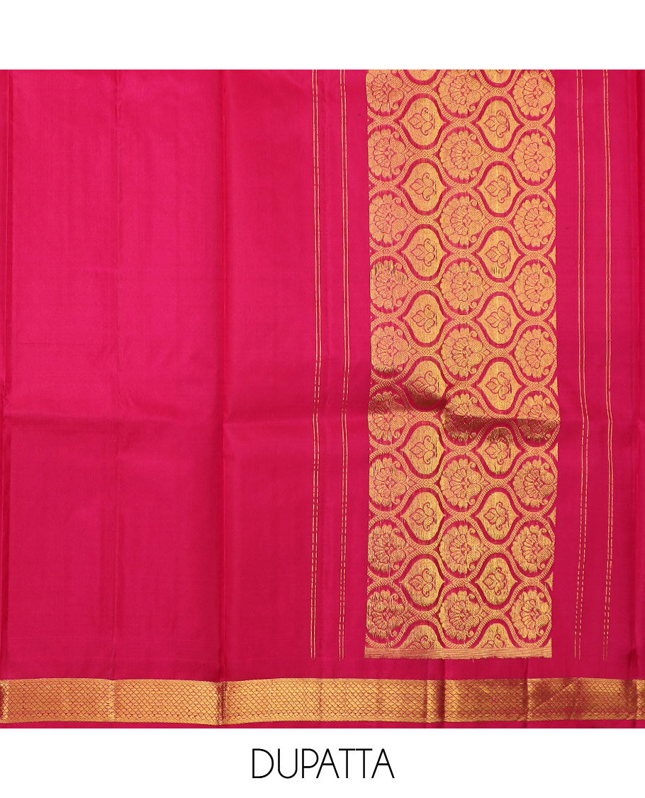 Cream pure silk half saree, jacquard skirt, contrast traditional zari design border, jacquard blouse, and jaal dhavani