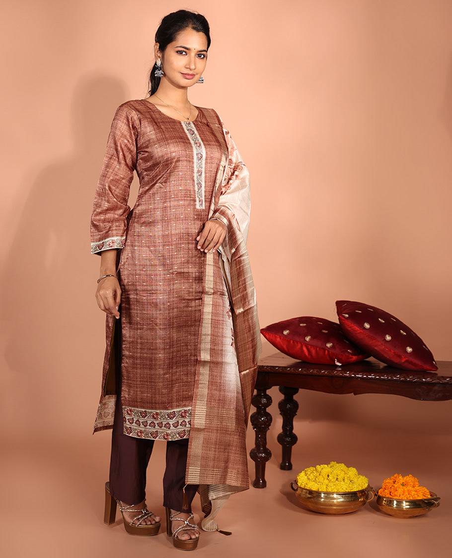 Brown Chanderi Silk Readymade Suit