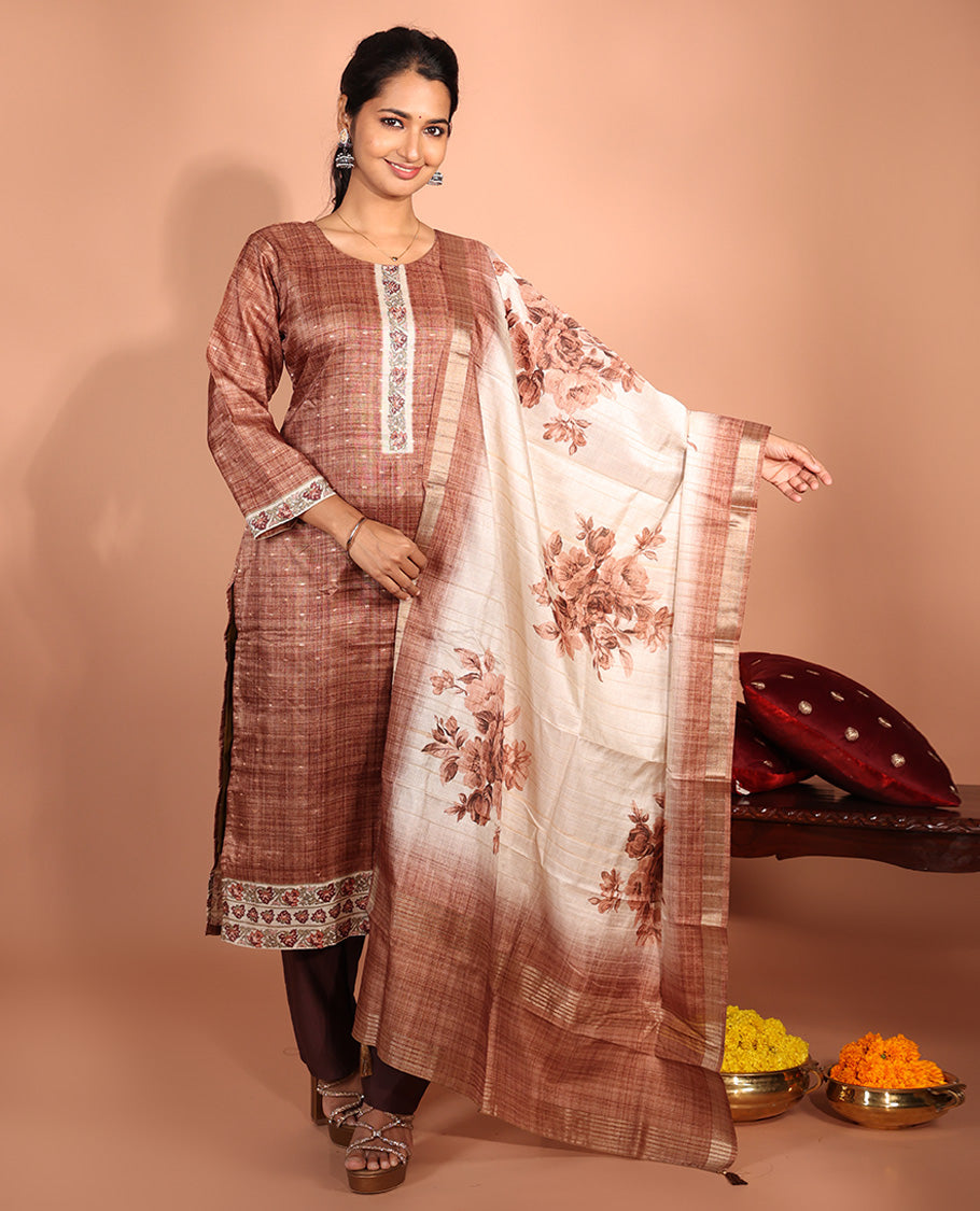 Brown Chanderi Silk Readymade Suit