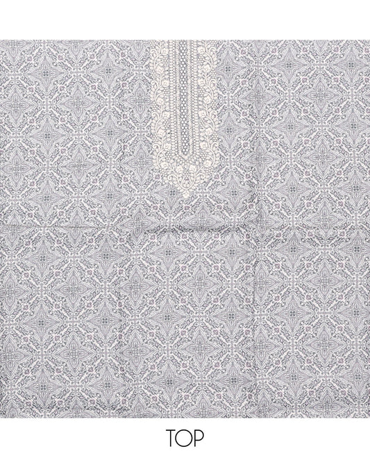 Off-White-Grey Material Chudidar Set, Adorned with Intricate Motifs Print, and Embroidery on Its Jute Cotton Top, a Plain Cotton Bottom, and Paired with Contrast Sequins Striped Chanderi Cotton Dupatta