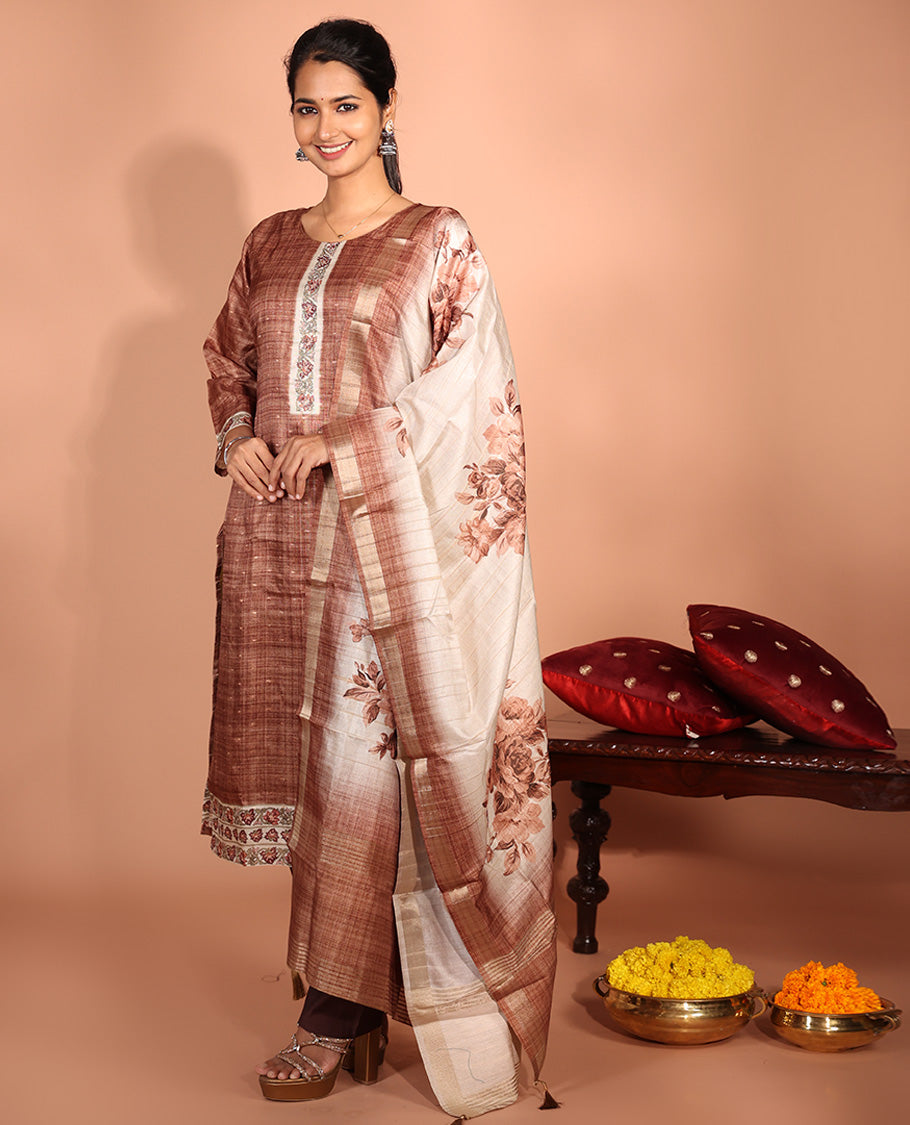 Brown Chanderi Silk Readymade Suit