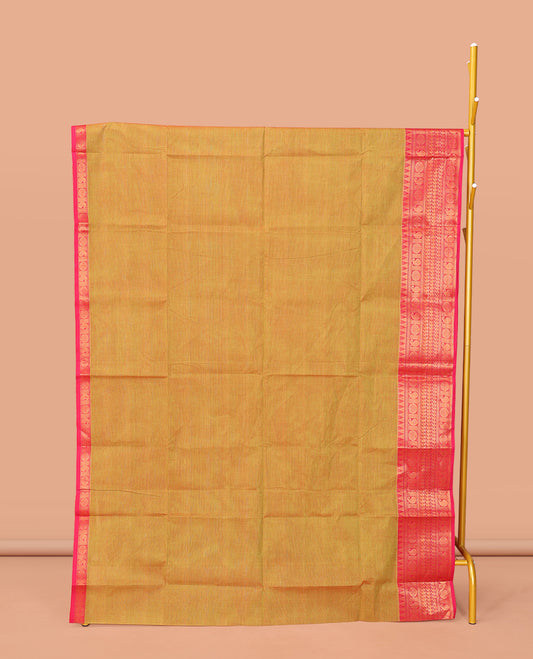 Mustard Plain Chettinad Cotton Saree, Complemented by a Contrast Traditional Zari Design Woven Border, Striped Pallu, and Paired with a Matching Blouse
