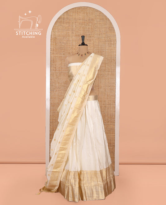 Cream Semi-Banarasi Half-Saree Featuring Plain Skirt, Traditional Zari Border, Matching Blouse, Zari Buttas Dhavani