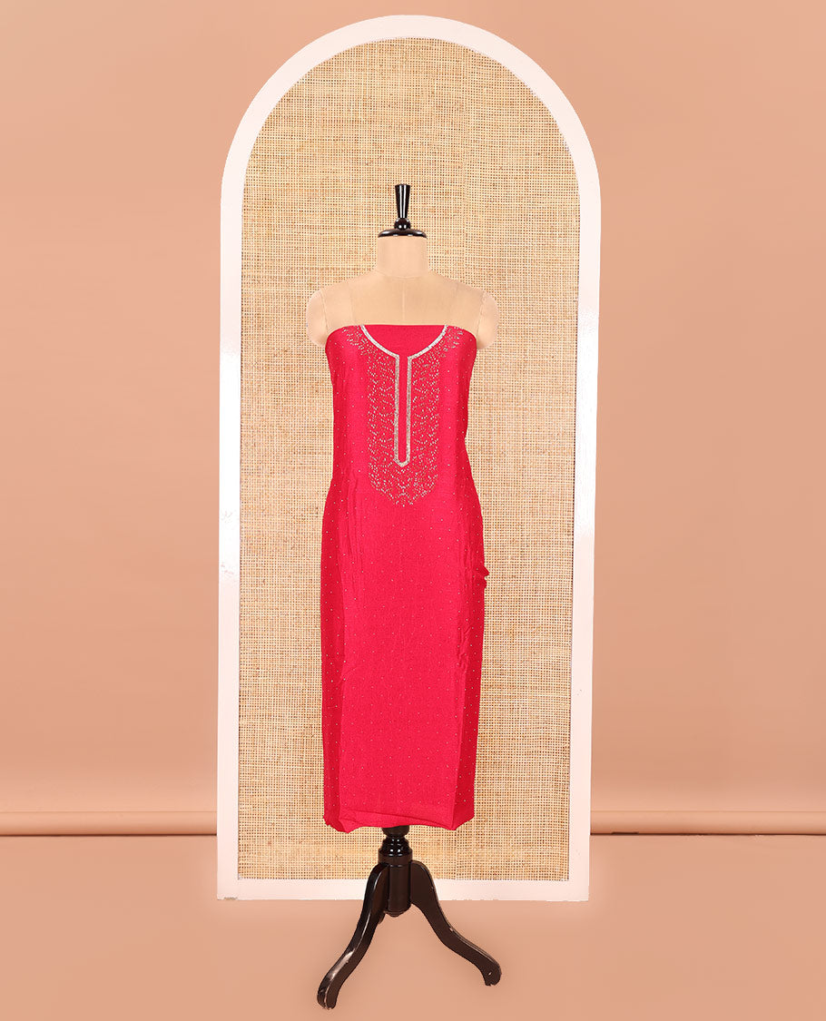 Pink Vichitra Silk Material Churidar Set, Mesmerized with Swarovski Stone Work and Neck Work Top, Comes with a Plain Santoon Bottom, and Is Paired with Nc Moss Organza Floral Jaal Design Dupatta