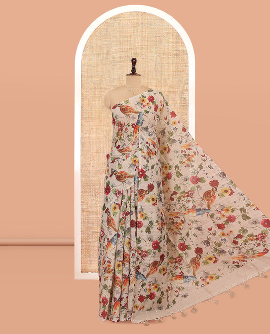 Borderless Sandal Tussar Saree, Mesmerized with Floral and Bird Print, a Self-Pallu, and a Matching Blouse