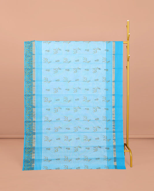 Blue Chirala Cotton Saree, Embellished with Floral and Deer Motifs, a Contrast Deer Motifs Border, Striped Pallu, and a Matching Blouse