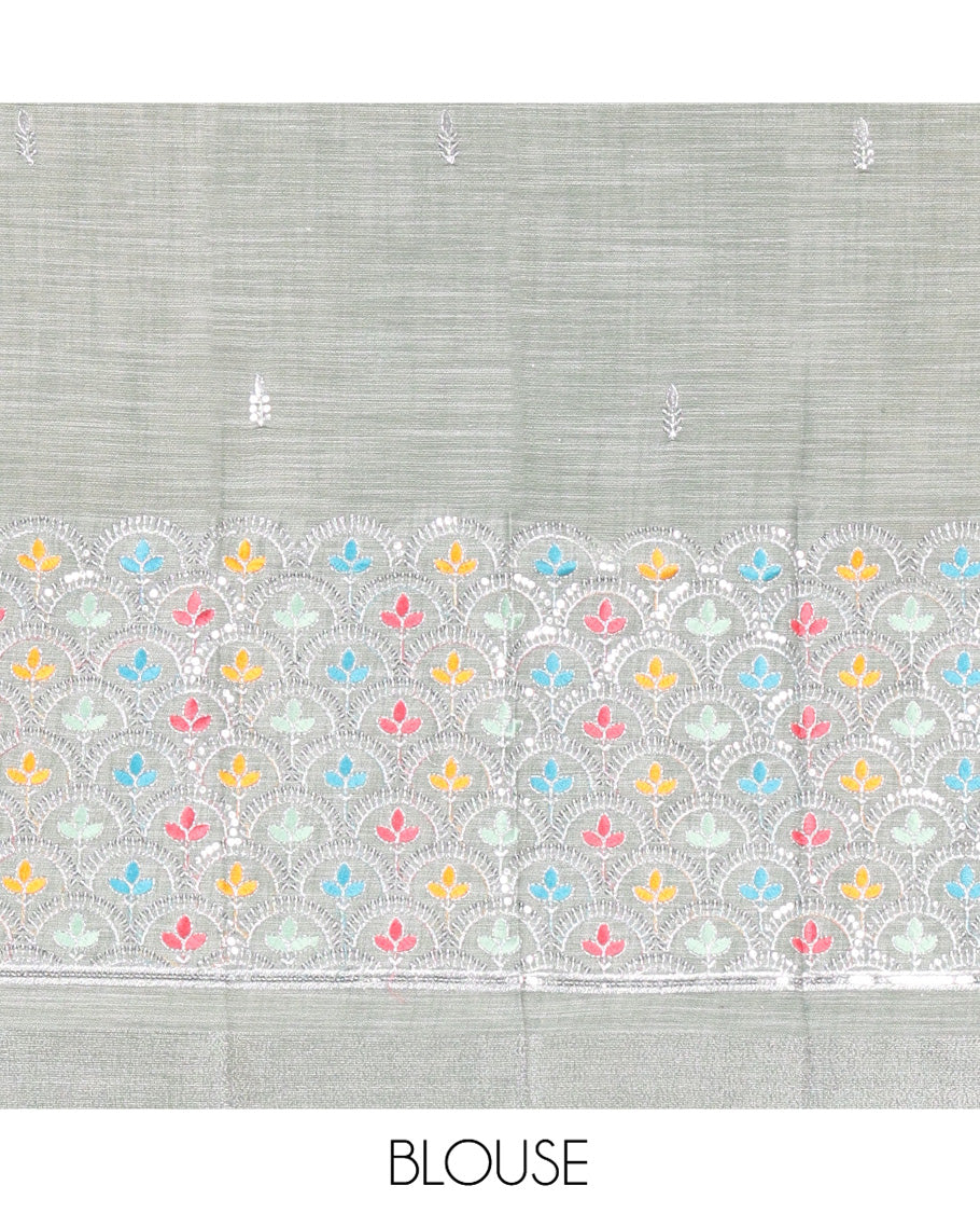 Green Jute Linen Cotton Saree, Adorned with Checked Design on Its Body, a Subtle Self-Border, Striped Pallu, and Paired with a Matching Thread Embroidered Blouse
