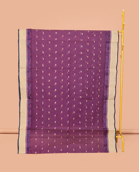 Purple Bengal Cotton Saree, Adorned with Buttas, a Contrast Floral-Paisley Border, Pallu of Stripes and Buttas, and a Matching Blouse