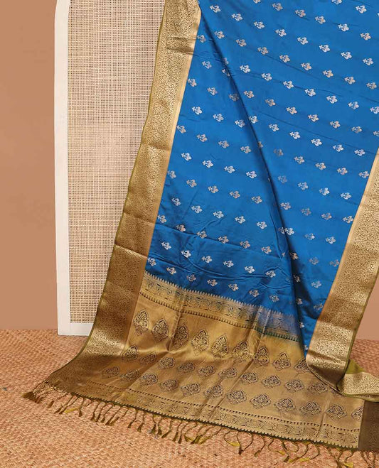 Blue floral motifs soft silk saree with contrast jacquard border & floral design pallu