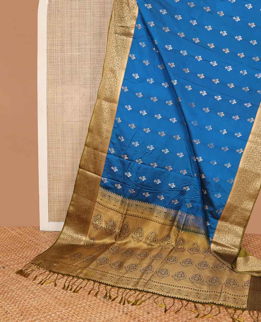 Blue floral motifs soft silk saree with contrast jacquard border & floral design pallu