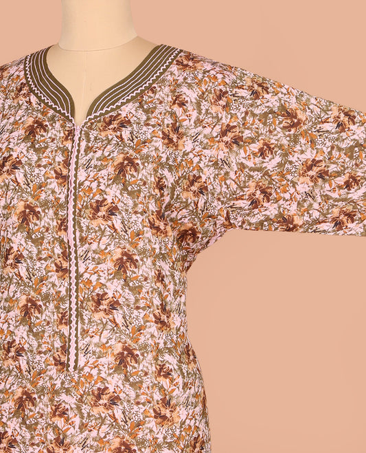 Pale Orange Cotton Nighty Accentuated with Floral Print, Featuring Lace Work, Sweet-Heart-Style Front Neck, and 3/4th Sleeves