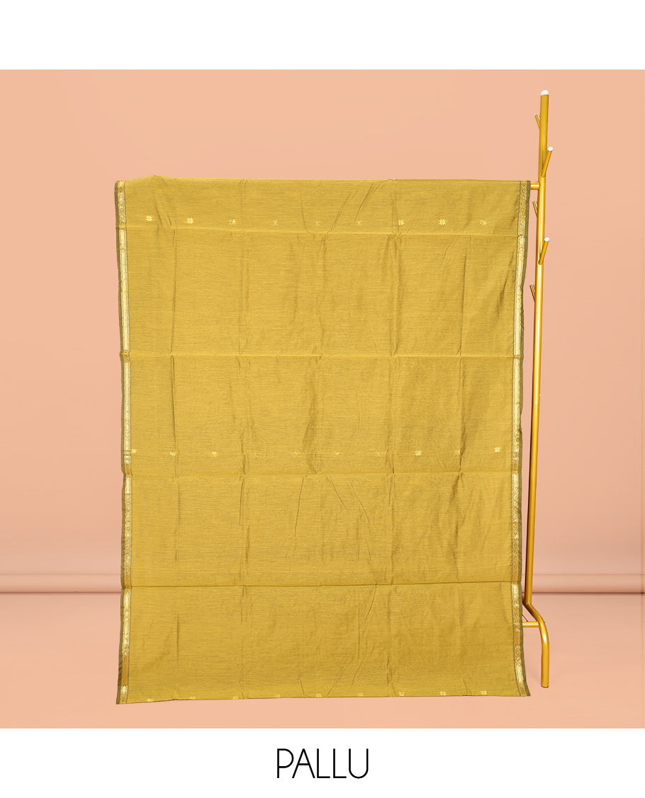 Green Maheshwari Cotton Saree, Bedecked with Buttas All Over Its Body, Subtle Zari Piping Border, Complemented by a Contrast Pallu Steeped with Buttas, and Paired with a Contrast Blouse