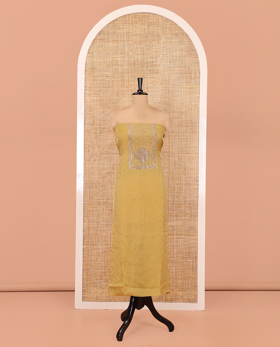 Yellow Moss Organza Material Chudidar Set, Finely Crafted with Stonework Top, a Plain Bottom, and Floral Printed Scallop-Stonework Bordered Dupatta