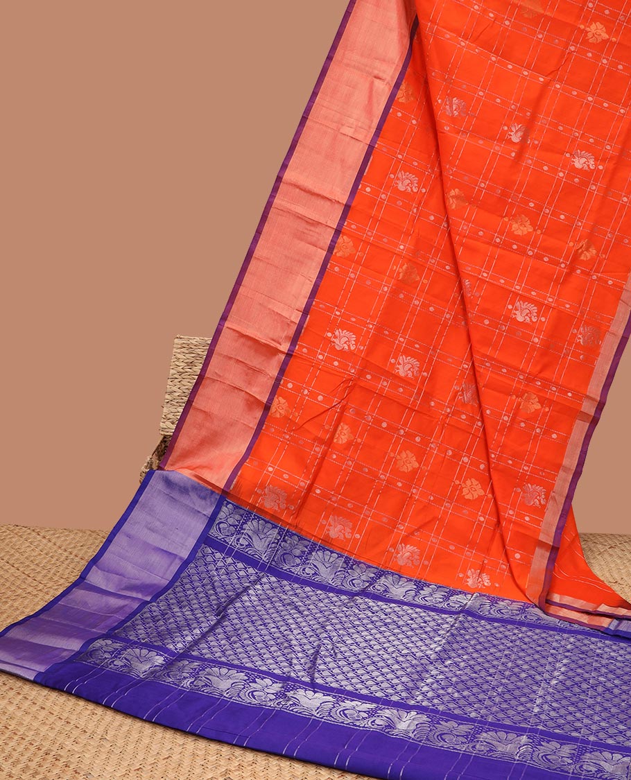 Red checked design kupadam cotton saree with zari buttas, contrast plain border & pallu of intricate designs