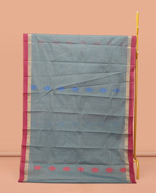 Grey Kanchi Cotton Saree, Decorated with Thread Buttas, Contrast Border, Pallu of Thread Weave, and a Matching Blouse