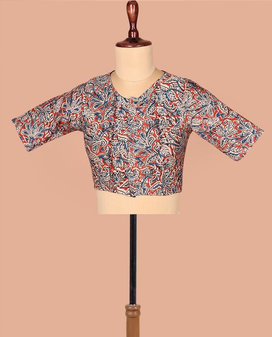 Red Readymade Blouse Detailed with Floral Vine Print, Featuring Front Round Neck, Back Round Neck, and Elbow Sleeves