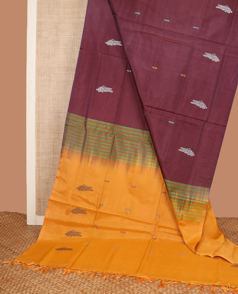 Borderless Maroon Banana Pith Saree, Mesmerized with Butterfly Buttas All Over Its Body, Complemented by a Contrast Pallu Features Butterfly Buttas, and Paired with a Contrast Blouse