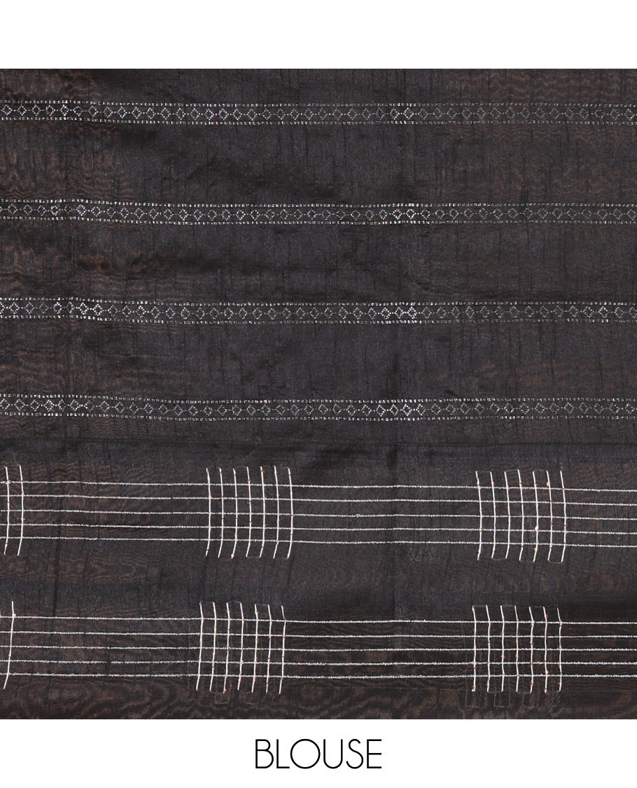 Chikku Zari Design Semi-Raw Silk Saree, a Contrast Checked Design Border, a Contrast Pallu, and a Contrast Blouse