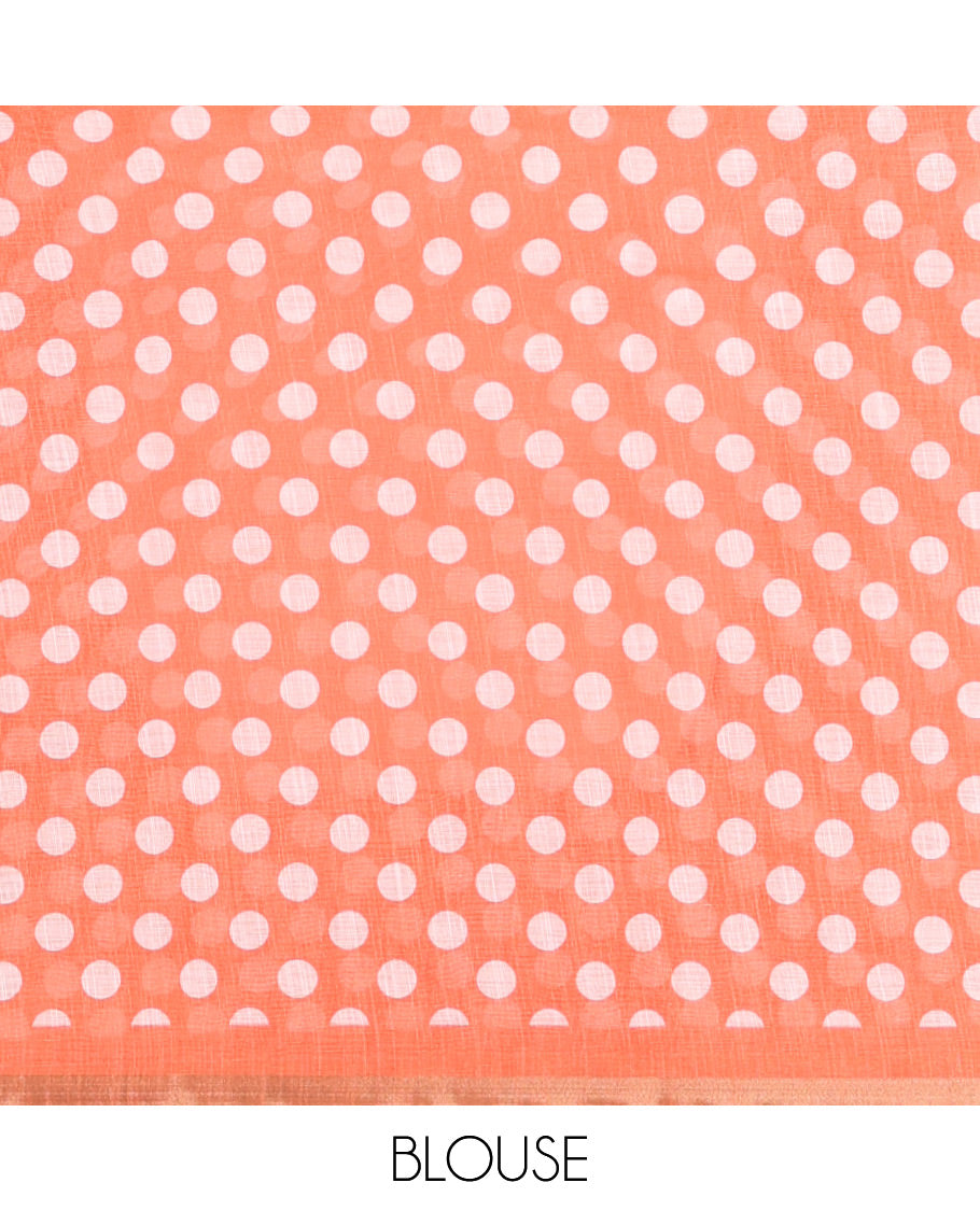 White-Orange Linen Cotton Saree, Steeped with Polka Dot Enclosed Crane Motifs on Its Body, Subtle Piping Border, Pallu Pictures Polka Dot Enclosed Crane Motifs, and Paired with a Matching Blouse