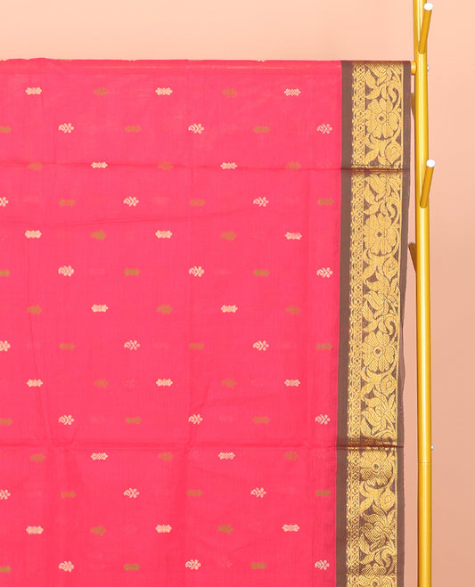 Pink Venkatagiri Cotton Saree, Bedecked with Buttas, a Contrast Floral Design Zari Border, Pallu of Buttas and Stripes, and No Blouse