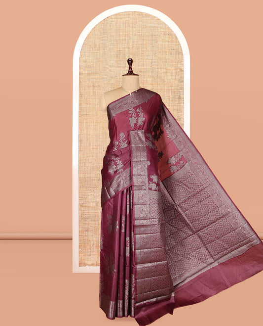 Maroon Tusser Silk Saree, Enriched with Floral Zari Buttas, a Zari Border, Intricate Pallu, and a Matching Blouse