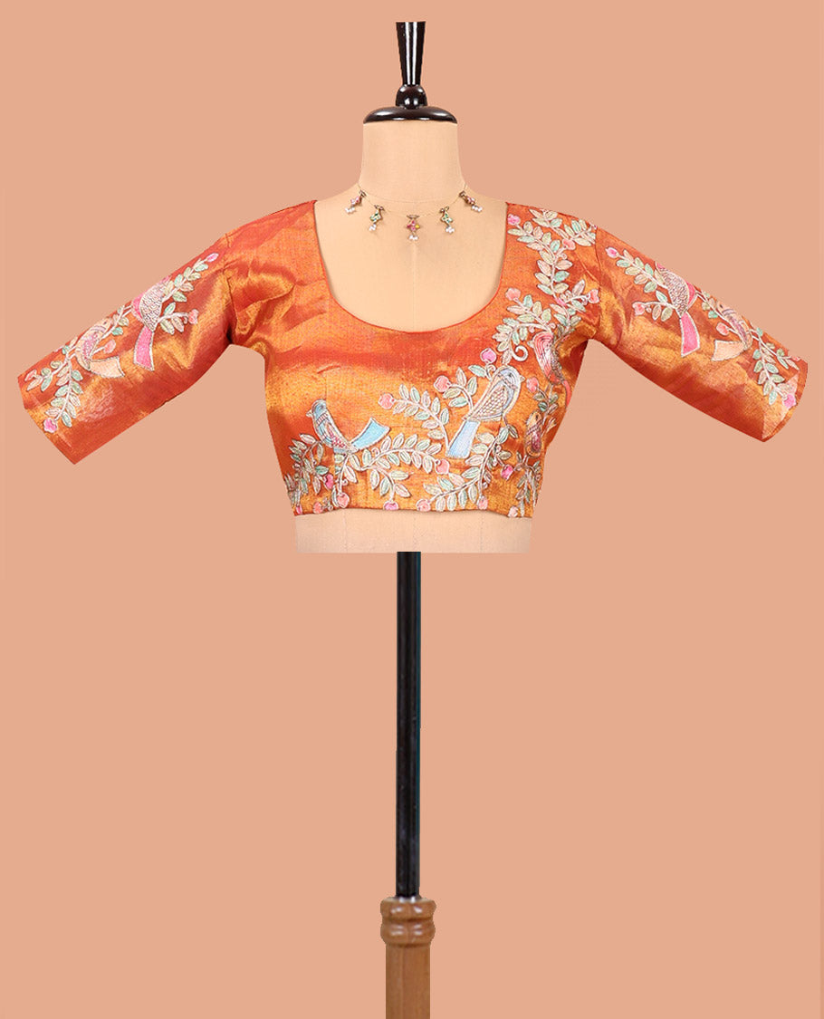 Borderless Red Tissue Saree, Enthralled with Colorful Floral-Bird Motif Printed with Outline Embroidery on Its Body, and Paired with a Readymade Elbow-Sleeve Round-Neck Blouse