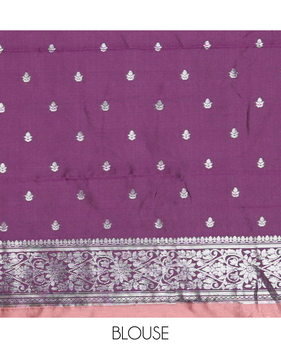 Onion Pink Kanchi Silk Saree, Adorned with Zari Buttas All Over Its Body, Complemented by a Contrast Border of Unique Buttas, Pallu Grandly Woven with Intricate Designs, and Paired with a Contrast Blouse