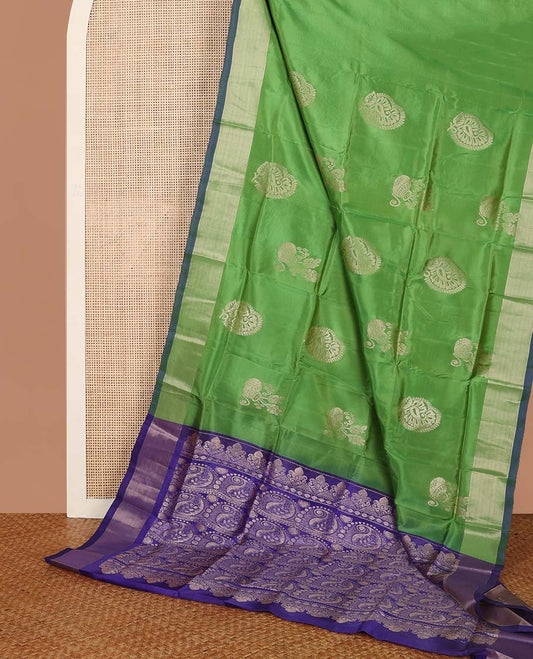 Green floral motifs uppada saree with contrast zari border & paisley design pallu