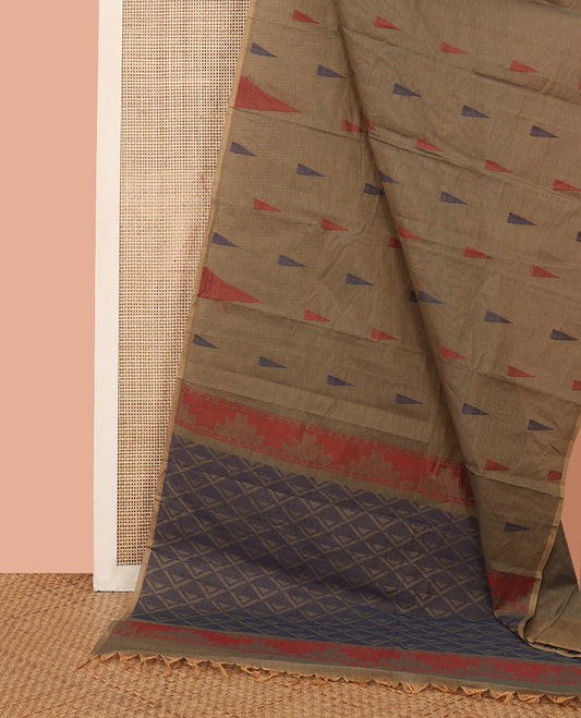 Borderless Brown Kanchi Cotton Saree, Subtly Sparkled by Temple Designs, Self-Pallu of Jaal Designs, and Paired with a Matching Blouse