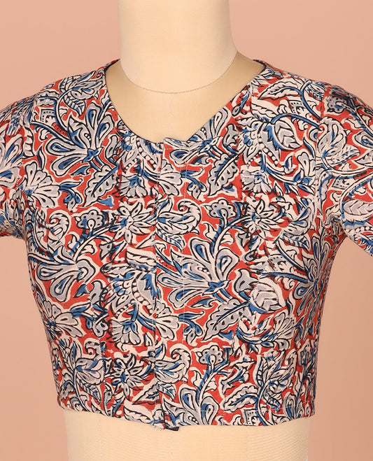 Red Readymade Blouse Detailed with Floral Vine Print, Featuring Front Round Neck, Back Round Neck, and Elbow Sleeves