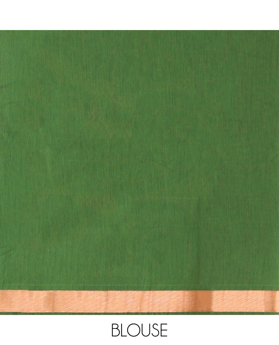 Green Semi-Silk Cotton Saree, Masterfully Woven with Paisley Zari Buttas All Over Its Body, Highlighted by a Zari Border, Pallu of Floral and Paisley Design, and Paired with a Matching Blouse