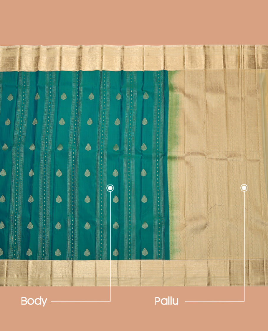 Green Budget Silk Saree, Detailed with Zari Buttas and Stripes, Complemented by Contrast Traditional Zari Border, Grand Pallu, and a Contrast Blouse